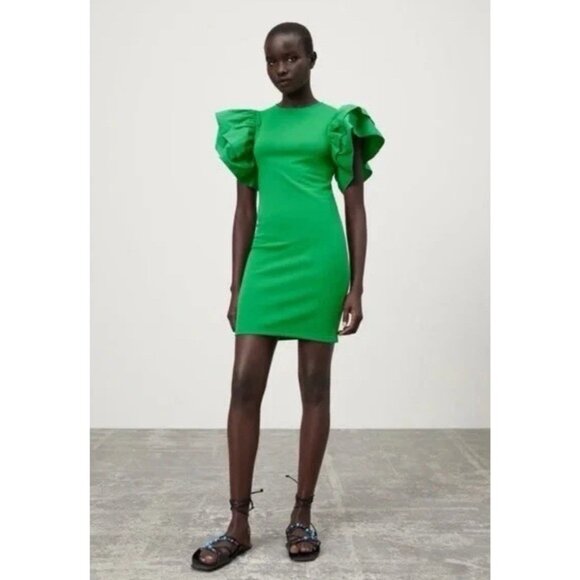 NWT Zara Dress Women’s Size S Small Ruffle Puff Sleeve Mini Body Con Green - Picture 1 of 9